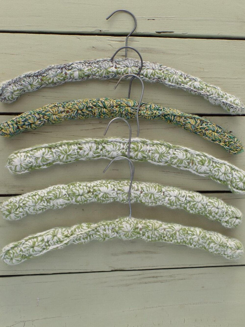 Vintage Hand Crocheted Hangers SET of 5 GREENS